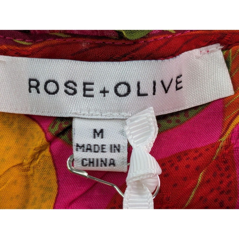 Rose + Olive Tropical Floral Flutter Sleeve Blouse Pink Green Rayon Medium NWT - Picture 4 of 11